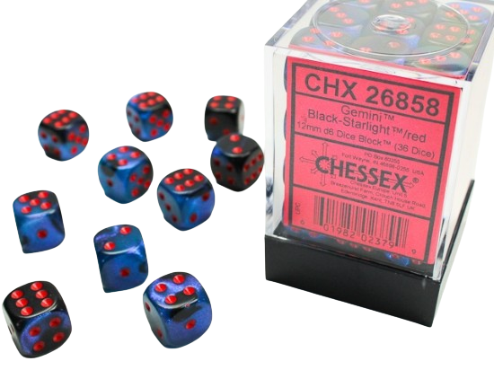 CHX26858:Gemini Black-Starlight/Red 12mm d6 Dice Block (36)