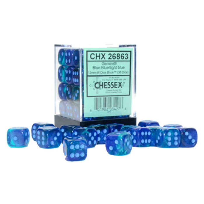 CHX 26863 GEMINI® 12MM D6 BLUE-BLUE/LIGHT BLUE LUMINARY (36 DICE)
