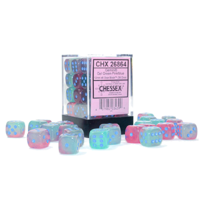 CHX 26864 GEMINI® 12MM D6 GEL GREEN-PINK/BLUE LUMINARY(36 DICE)